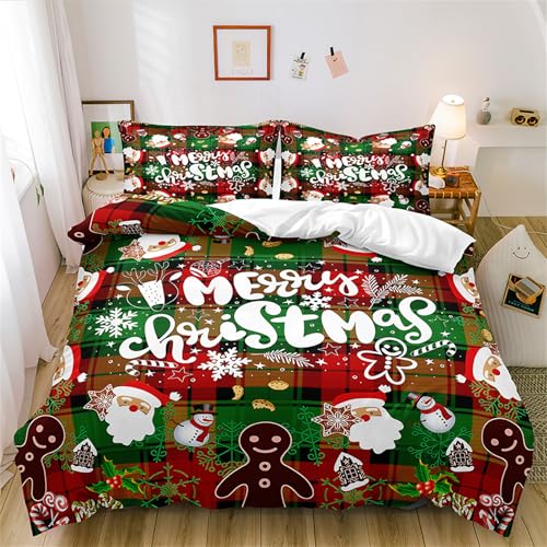 Gezu Weihnachten Bettwäsche 155x220cm Mädchen Jungen Grün Rot Karo Schneeflocke Weihnachtsmann Babybettwäsche Kinderbettwäsche 1 Bettbezug und 2 Kissenbezug 80×80 mit Reißverschluss