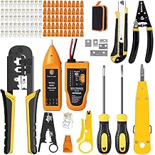 LEATBUY CAT5 Crimp Tool Kit for RJ45 Crimper Set CAT6 Crimping Professional Network Wire Connector Stripper Cutter, Maintenance Lan Cable Pliers Tester Punch Down Repair ToolDark