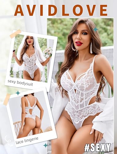 Image of Avidlove Sexy Lingerie for Women Lace Bodysuit Cut Out Snap Crotch Teddy