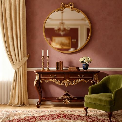 Image of Vercraft 21 inchx 20 inch Gold Bow Mirror Vintage Round Bathroom Vanity Mirrors
