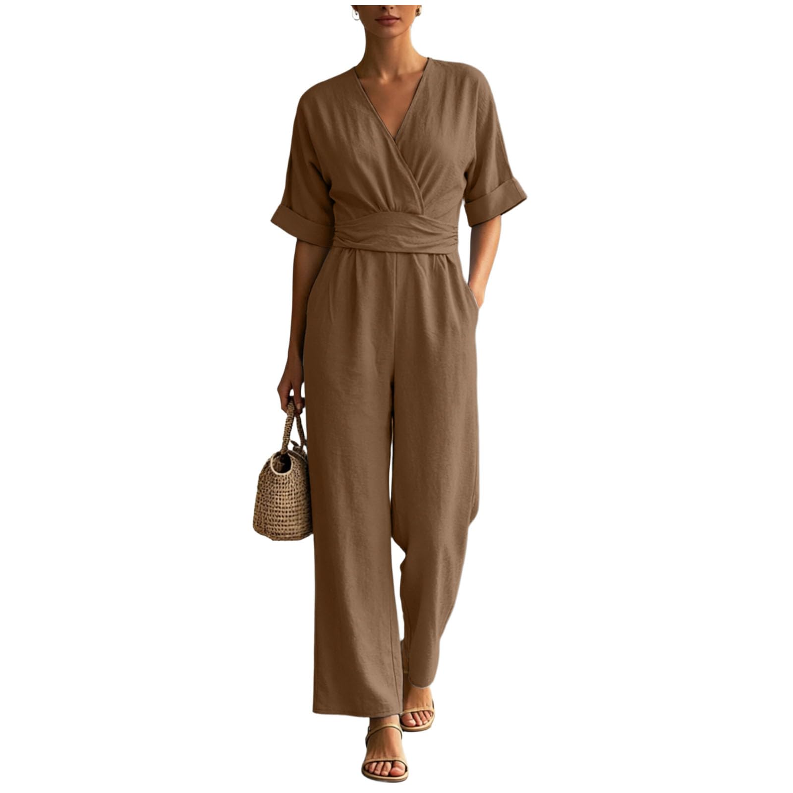 Monos Mujer Verano Jumpsuit Elegante Cuello en V Color Sólido Mono que realza la cintura Mono Mujer Casual Manga Corta con Bolsillos Holgado Clásico Palazzo Casual Sueltos Rompers con Bolsillos