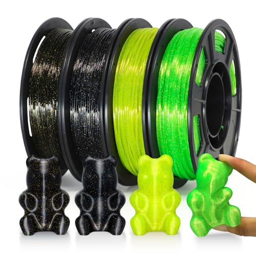 Image of YOUSU Transparent Galaxy TPU Filament 1.75mm Bundle, 95A (42D) Flexible Soft 3D Printer Filament, TPU Galaxy with Starry Sparkle Effect,250g Spool,4 Rolls, Black Gold+Colored, Transparent Yellow+Green