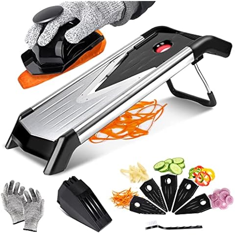 Midyb Mandolin Slicer, 5 in 1 Professional Mandoline Slicer with V Blades, Kitchen Food Julienne Cutter for Onions Fruits, Stainless Steel, Send Cleaning Brush & Cut Proof Gloves Cover