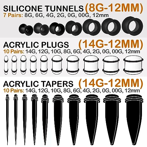 BodyJ4You 54PC Ear Stretching Kit 14G-12mm - Aftercare Jojoba Oil - Acrylic Plugs Gauge Tapers Silicone Tunnels - Lightweight Expanders Men Women3