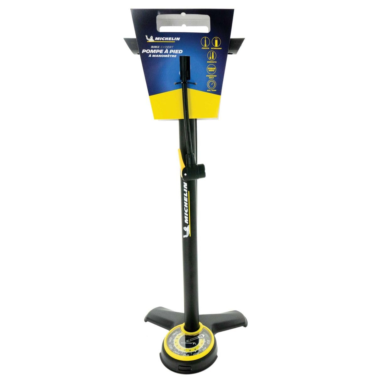 Pompe à Pied en Acier MICHELIN avec Manomètre - Pompe à Vélo Tri-Valve Compatible VTT, VTC, VAE