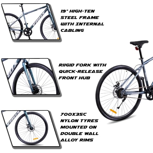 Image of Vaux City-Pro 700C Hybrid Cycle for Men, 19 Inch Hi-Ten Steel Frame, Dual Disc Brake, 700x35C Tyres, Double Wall Alloy Rims, City Bike(Grey-Blue, Single Speed, Rigid Fork)