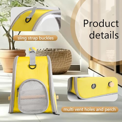Image of Bird Carrier, Portable Small Bird Parrot Parakeet Carrier with Standing Perch and Stainless Steel Tray, Side Access Window Collapsible (Yellow, Clear Windows)