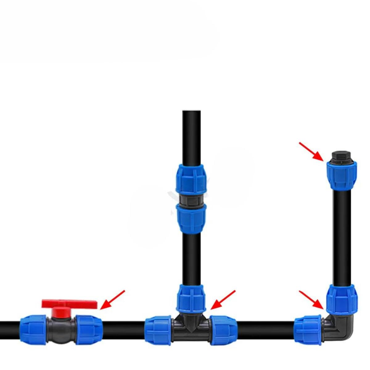 1 conector de polietileno de 20 mm, 25 mm, 32 mm, tubo de agua directo de 1/5.1 cm, 3/10.2 cm, rosca de conexión rápida, válvula de 2 vías, 63 mm