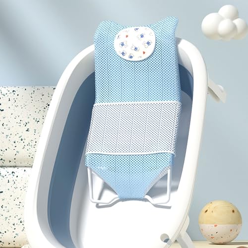Image of Fafeicy Baby Bath Seat Support Non Slip Mesh Cushion Portable Bath Tub Seat Net for Newborns to Toddlers (Blue, Pillow, Slip Pad)