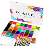 CCbeauty Professional Face Body Paint 36 Colors(22 Regular,8 Metallic and 6 Glow Color ) Halloween Neon Body Paint Oil Based SFX Cosplay Large Black White Face Painting Palette with 10 Black Brushes