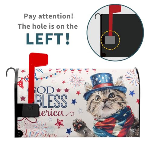 Image of 4th of July Cat Mailbox Cover Magnetic Large Size God Bess America Flag Stars Patriotic Firework Mailbox Wrap Letter Post Cover 25.5x21 Inch for Garden Yard Outside Outdoor Decor