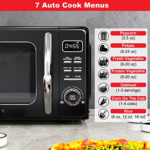 Image of Galanz GLCMKZ09BKR09 Retro Countertop Microwave Oven with Auto Cook & Reheat, Defrost, Quick Start Functions, Easy Clean with Glass Turntable, Pull Handle, 0.9 cu ft, Black