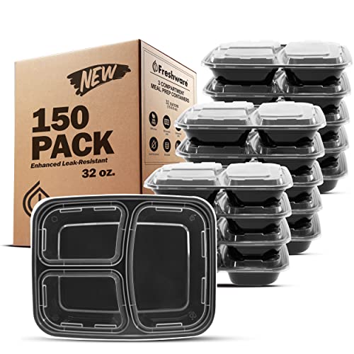 Freshware Meal Prep Containers [150 Pack] 3 Compartment with Lids, Food Containers, Lunch Box, Stackable, Bento Box, Microwave/Dishwasher Safe (32 oz)