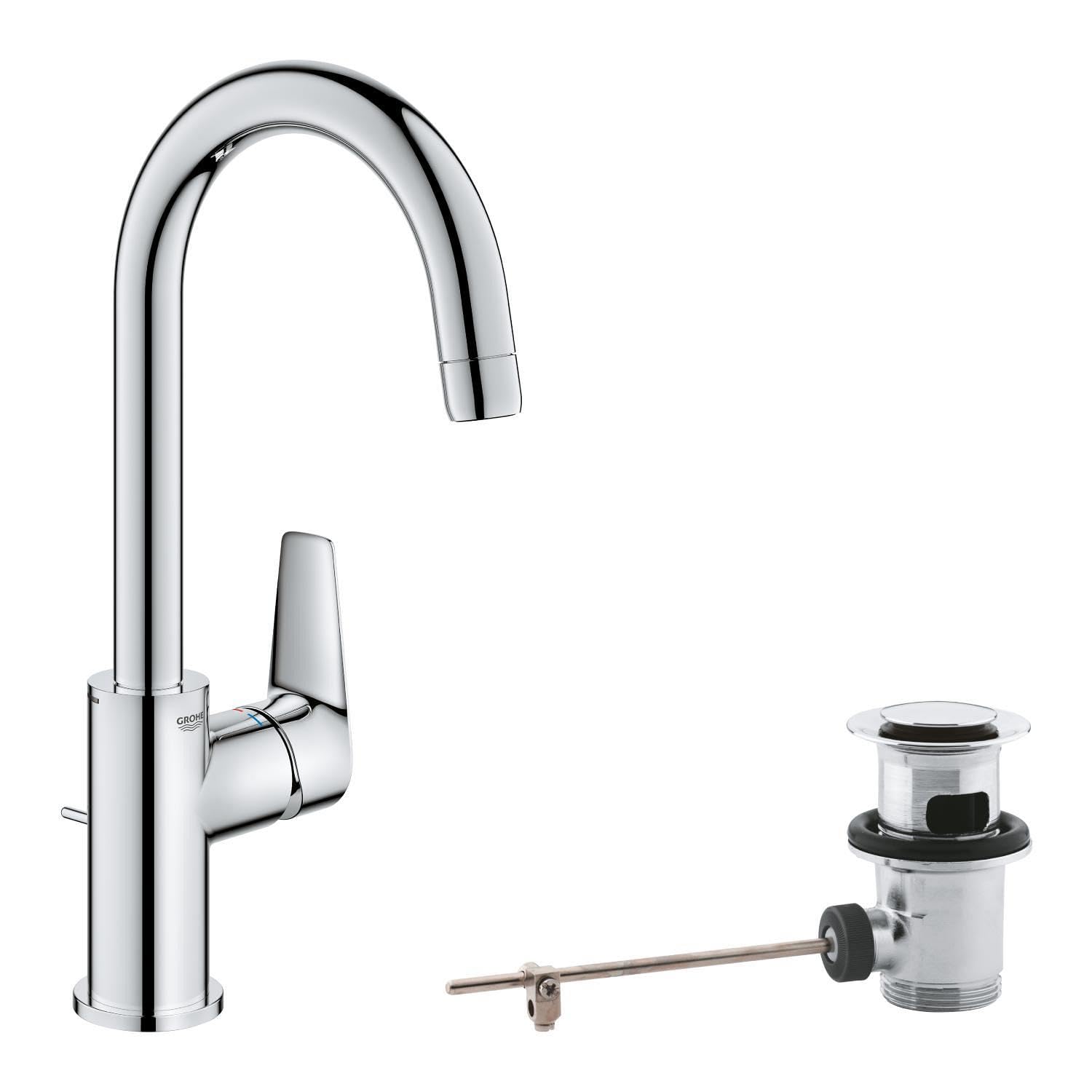 GROHE StartEdge, Waschtischarmatur hoch, wassersparend (Wasserhahn für das Bad, Badarmatur mit Zugstangen-Ablauf, 31cm hoch, mit 3in1 Werkzeug, einfache Installation am Waschbecken), chrom, 24201001