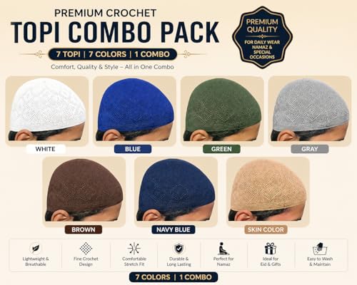 Image of Crochet Islamic Namaz Topi, White, Blue, Green, Grey, Brown, Stretch Fit, Lightweight, Pack of 7