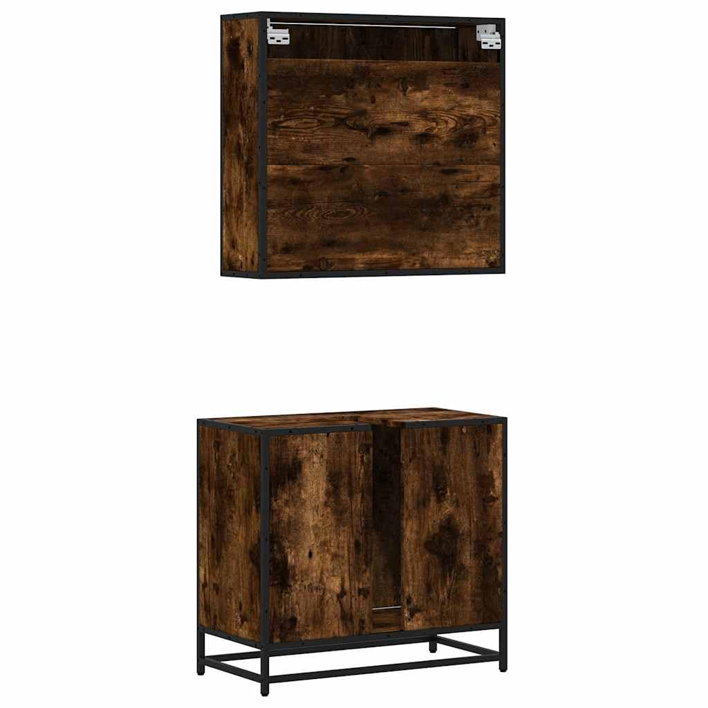 2-częściowy zestaw mebli łazienkowych, dąb wędzony z materiału drewnopochodnego i metalu, szafka z lustrem i szafka pod umywalkę, 65 x 20 x 60 cm, 65 x 33 x 60 cm, 60 kg, na umywalkę i