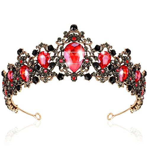 CIEHER Queen of Hearts Costume - Gothic Red & Black Crown Tiara for Women & Girls - Luxury Rhinestone Red Crown for Birthday Prom Halloween & Cosplay Parties