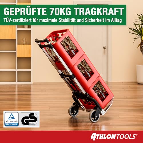 ATHLON TOOLS Aluminium Transportkarre klappbar TÜV geprüft – Langer Teleskopgriff 110 cm, Anti-Rutsch-Pads, Soft-Laufräder, inkl. 2 Expanderseile - Sackkarre klappbar Alu kompakt & leicht