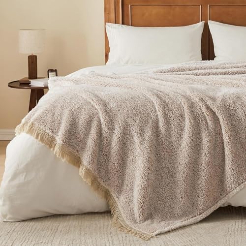 Image of EMME Soft Sherpa Fleece Blanket with Tassel, Reversible Plush Fluffy Large Blanket, Light Weight Warm Decorative Boho Blanket Cover for Sofa, Couch, Bedroom,Travel(Tassel Khaki,60 inchx80 inch)