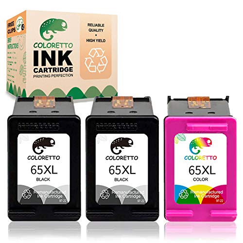 COLORETTO Remanufactured Printer Ink Cartridge Replacement for HP 65XL to use with HP Deskjet 2622 2624 2652 2655 3720 3721 3722 3723 3732 3758,Envy 5052 5058 (2 Black+1 Color) Combo Pack