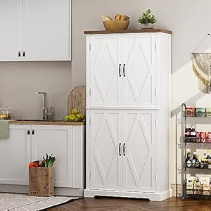HOSTACK 64 Pantry Cabinet Tall Kitchen Pantry Storage Cabinet Modern Farmhouse Bathroom Storage Cabinet Large Bookcase 4 DoorsAdjustable Shelves for Dining Room Living Room Home Office White