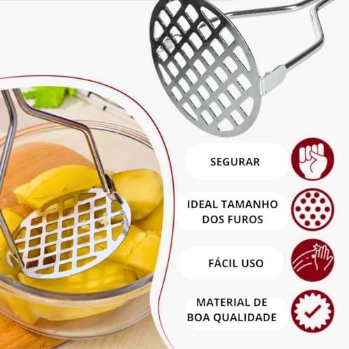 Kit Amassador De Batatas Legumes Purês Inox Multiuso + Espremedor Alho Esmagador Manual Fácil Uso Pr