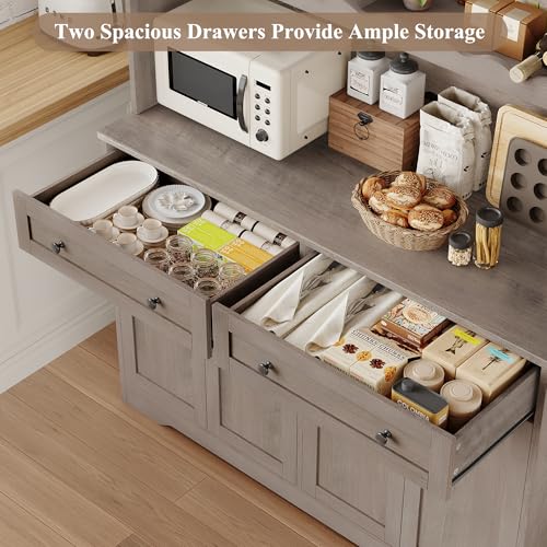 Image of HOSTACK 75.4 inch Tall Kitchen Pantry Cabinet with Charging Station, Modern White Kitchen Hutch with Microwave Stand and Wine Rack, Large Food Pantry Storage Cabinet with Glass Doors and Drawers, Ash Gray