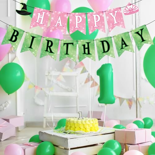 Image of Hooqict Happy Birthday Banner Pink and Green Birthday Party Decorations Princess Witch Party Banner Garland Sign for Kids Girls Night Galentine's Day Green and Pink Witch Theme Party Decorations