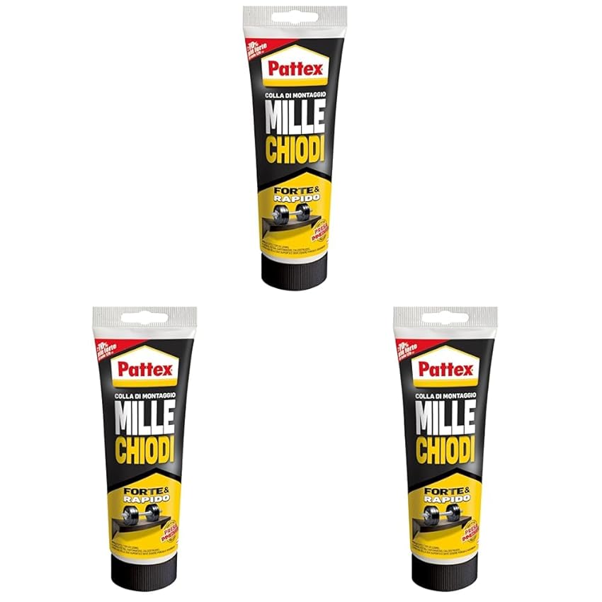 Immagine del prodotto Pattex Millechiodi Forte & Rapido, adesivo di montaggio extra forte che sostituisce viti e fori al muro, adesivo bianco con effetto ventosa, 1x250g tubo (Confezione da 3)
