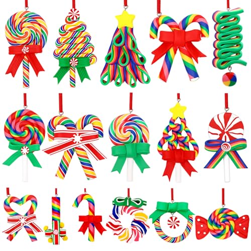 AUGSUN 16Pcs Christmas Lollipop Ornaments, Rainbow Colorful Mini Candy Cane