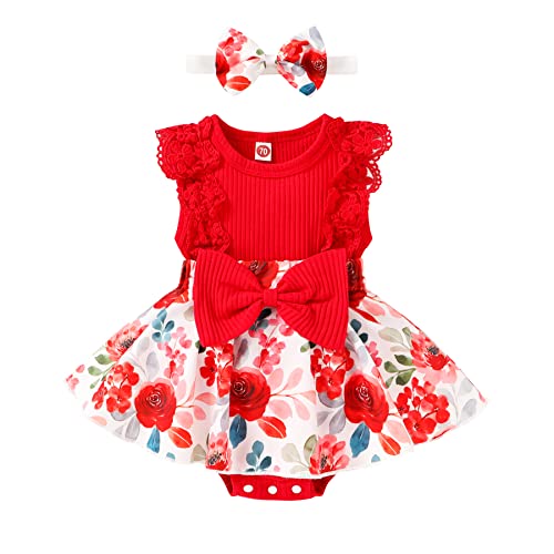 Image of YOUNGER TREE Baby Girl Dresses Newborn Girls Dress Floral Baby Girl Summer Clothes Infant Headband Romper Outfits