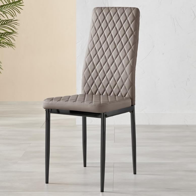 Furniturebox UK Milan Dining Chair - Set of 4 - Premium Dining Room Chairs - Contemporary & Luxurious Cappuccino Beige Hatched Diamond Faux Leather Dining Seats With Black Metal Legs (4x Beige Chairs)