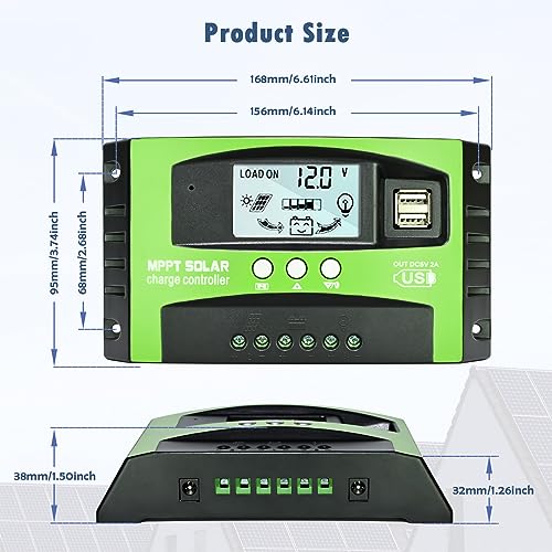 Depvko 100A MPPT Solarladeregler, 12V/24V Solar Laderegler Auto Tracking Solarpanel Regler mit LCD Display Dual USB Anschluss, Timer-Einstellung für Gel-versiegelte Flut- und Li-Batterien (Grün)