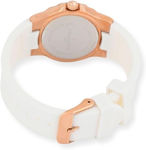 Miniatura 3 de Peugeot Reloj de pulsera de oro rosa para mujer con bisel de cristal y banda de goma de silicona hipoalergénica blanca suave, Blanco, Moderno