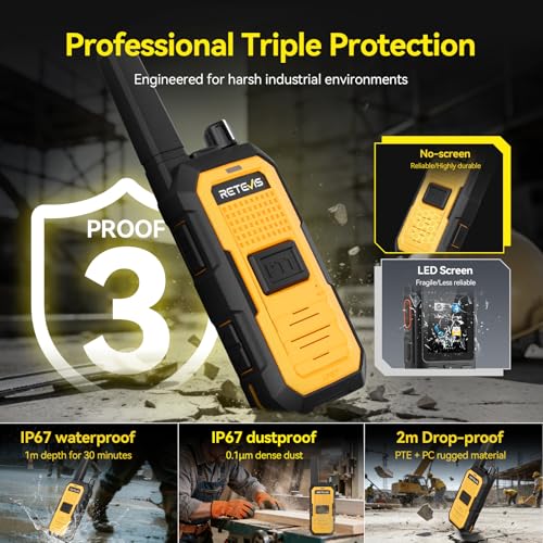 Image of Retevis RB48A IP67 Waterproof Walkie Talkies Long Range Adults, Heavy Duty 2 Way Radio, Noise Reduction, Large PTT, 1000mW Speaker, 23-Hour, Rechargeable, for Manufacturing Construction (10 Pack)