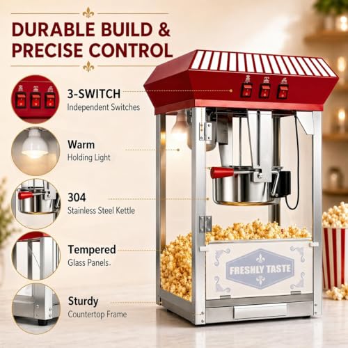 Image of Commercial Popcorn Machine, 12 Oz Kettle, Movie Theater Popcorn Machine,Vintage Red Tabletop Pop Corn Machine with Stainless-Steel Kettle & Steel Frame Tempered Glass Doors