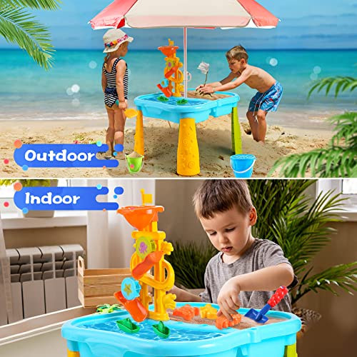 Toddlers Sand And Water Table With Umbrella, Water Table For Sensory Activity Outdoor And Indoor, Summer Beach Water Table Playset With Splash Water Toys, Suitable For Kids Age 1-3 And Up #TOP5