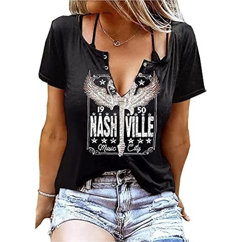 Retro Music City T-Shirt for Women Vintage Bleached Country Music Shirt Distressed Guitar Wings Graphic Tee, Black, Large Cover