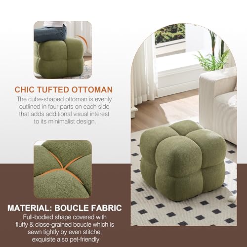 Image of Zesthouse Square Pouf Ottomans Footstool Set of 2, Upholstered Poofy Ottoman for Couch Sofa, Modern Vanity Chair Backless for Living Room, Green Boucle Stool Foot Rest, Fabric Ottoman Coffee Table