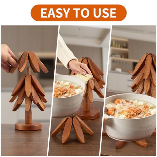 Vertdens Wooden Trivets for Hot Dishes, Hot Dish Coaster with Tree-Shaped Wood Collapsible Hot Pad Trivet Tree for Restaurant, 4 Wooden Trivet + 1 Stand（Walnut Wood） by Vertdens - Used condition - Image 3