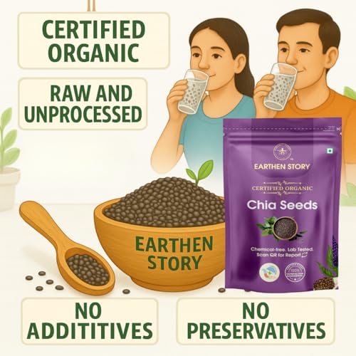 Image of Earthen Story Organic Chia Seeds 1kg (500g x 2) | Lab Tested for 250+ Pesticides | Certified Organic (NPOP) & Traceable with Transaction Certificate | Rich in Omega 3 & Dietary Fibre
