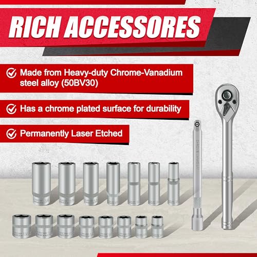 Image of EACELIY 69pcs 1 /4 inch&3 /8 inch inch Drive Impact Socket Set,Drive Master Socket Set,SAE /Metric, Deep & Shallow with Drive Head Ratchet,Drive Spark Plug Socket,Extension bar (3 inch & 6 inch),6 Point,CR-V Steel, Mirror