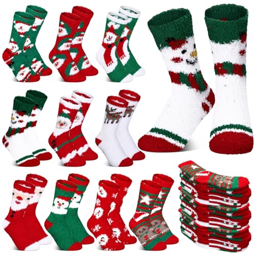 Image of 10 Pairs Christmas Fuzzy Socks Bulk Winter Fluffy Unisex Women Men Crew Slipper Sock Stocking Xmas Adult Gifts