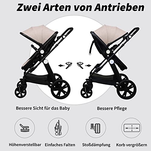 Kinderwagen 3 in 1, Combi Wandelwagen/Kinderwagen/0 tot 36 Maanden Baby/Tas/Mesh (kaki) - Afbeelding 6