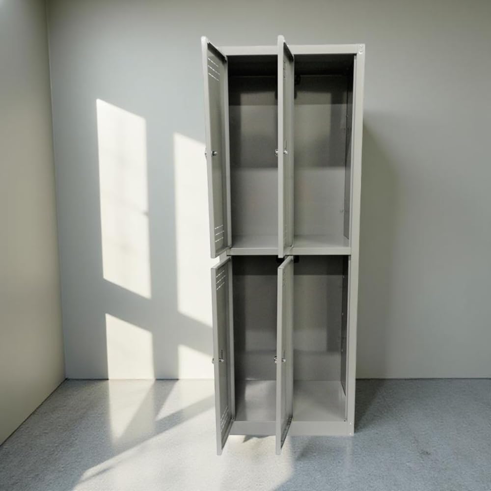 Armadio Spogliatoio - 4 Ripiani, Appendiabiti, Separatore, per Ufficio, Palestra, Aerazione Superiore ed Inferiore, Maniglia Lucchettabile, Kit ad Incastro, Bulloni - 60x40x167h cm (4 ante)