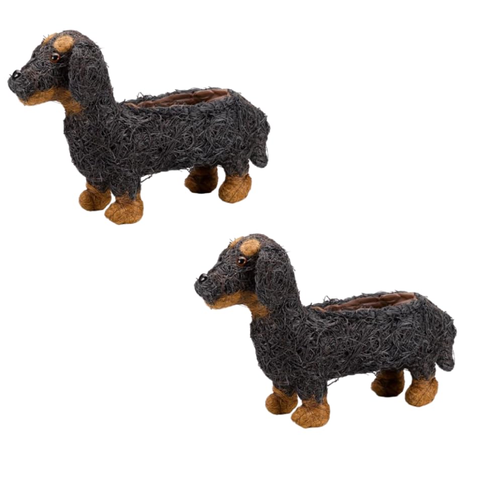 Garden Mile Black,Brown Set Of 2 Animal Themed Flower Planters Novelty Rattan Straw Plant Pots Garden Dog Decor Garden Lawn And Patio Planters