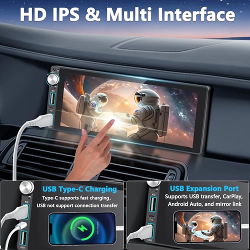 Image of Single Din Car Stereo with Apple Carplay Android Auto,6.9 Inch IPS Touchscreen, 1 Din Car Audio Receivers wtih Bluetooth Handsfree /FM /AM /Dual USB /Type-C /EQ /SWC /GPS Navigation /Backup Camera /Microphone