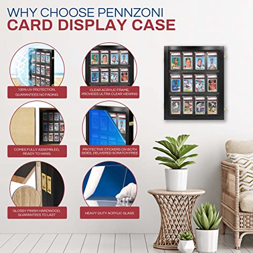 PENNZONI Baseball Card Display Case - 12 Graded Sports Card Display Frame Lockable - PSA Graded Card Case with UV Protection | Card Display for Football & Basketball | Black