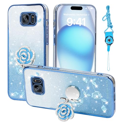 Nouxwerx for Samsung Galaxy S7 Case, Mobile Phone Case for Cute Soft Slim Cover for Girls Women with Ring Stand Strap Lanyard Shockproof Protective Cover for Samsung S7 (Blue)