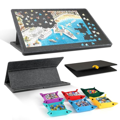 1500 Piece Foldables & Tilting Puzzle Board with 6 Colored Sorting Trays Lightweight & Portable Puzzls Table with Built-in Stands for Angle Adjustments (Dark gray 1500 Piece-1)